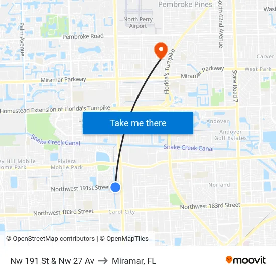 Nw 191 St & Nw 27 Av to Miramar, FL map