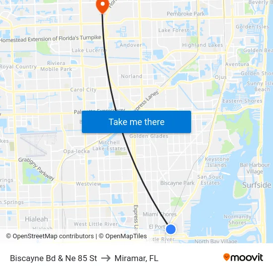 Biscayne Bd & Ne 85 St to Miramar, FL map