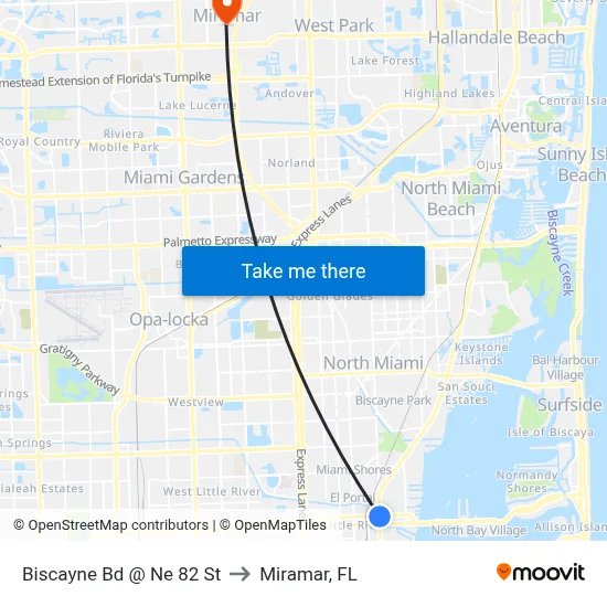 Biscayne Bd @ Ne 82 St to Miramar, FL map