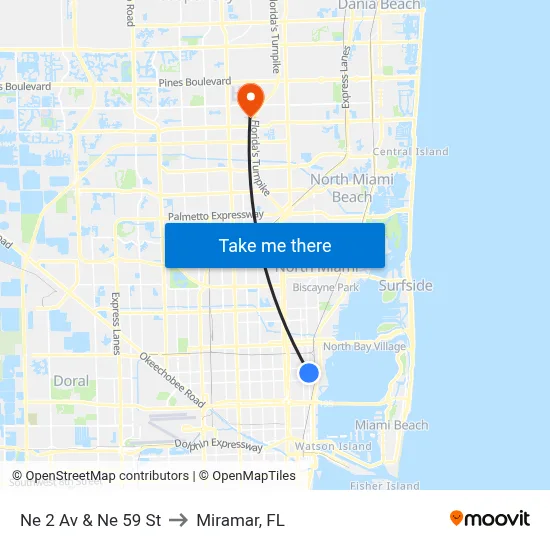 Ne 2 Av & Ne 59 St to Miramar, FL map