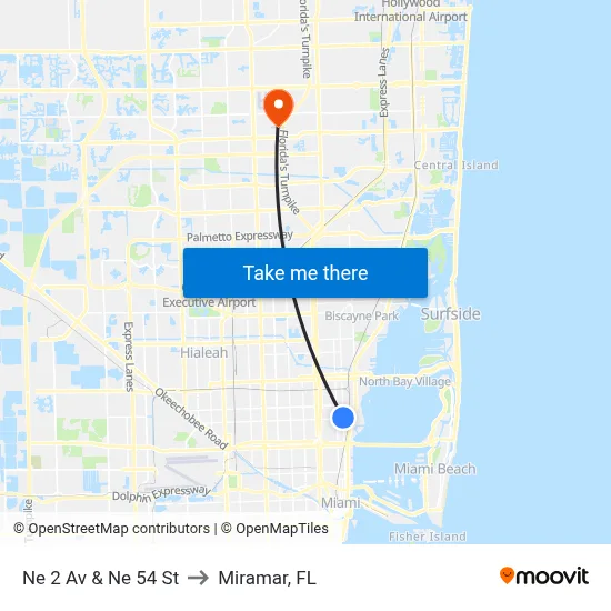 Ne 2 Av & Ne 54 St to Miramar, FL map