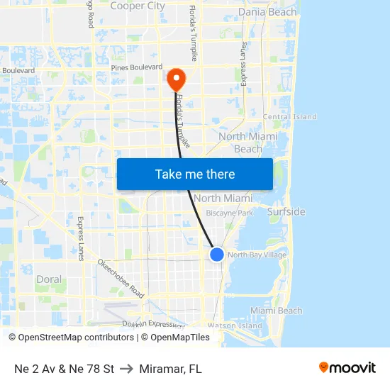 Ne 2 Av & Ne 78 St to Miramar, FL map