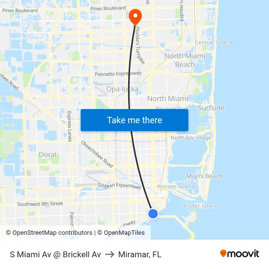 S Miami Av @ Brickell Av to Miramar, FL map