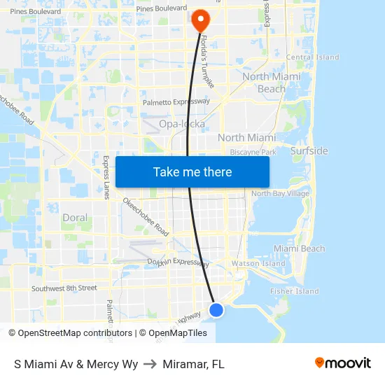 S Miami Av & Mercy Wy to Miramar, FL map