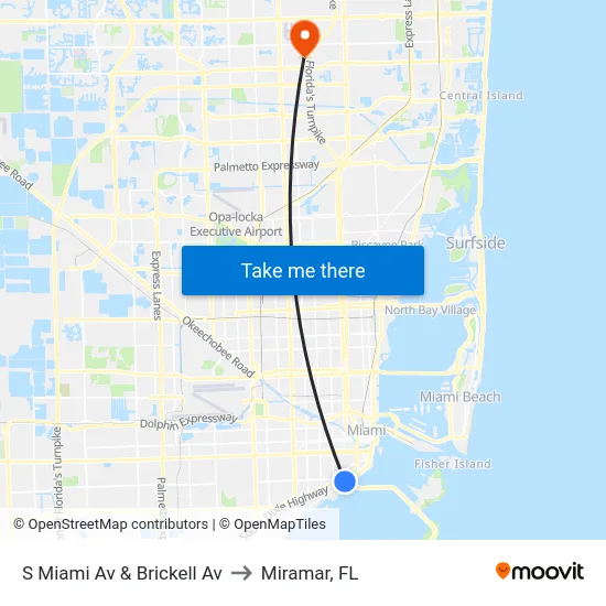 S Miami Av & Brickell Av to Miramar, FL map