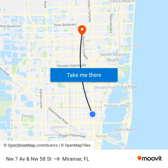 Nw 7 Av & Nw 58 St to Miramar, FL map