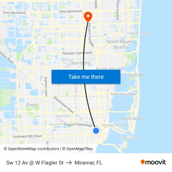 Sw 12 Av @ W Flagler St to Miramar, FL map
