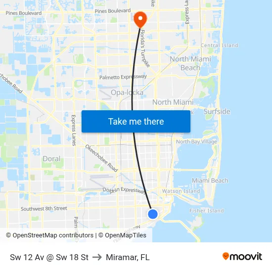 Sw 12 Av @ Sw 18 St to Miramar, FL map