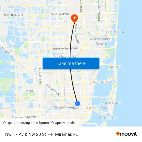 Nw 17 Av & Nw 20 St to Miramar, FL map