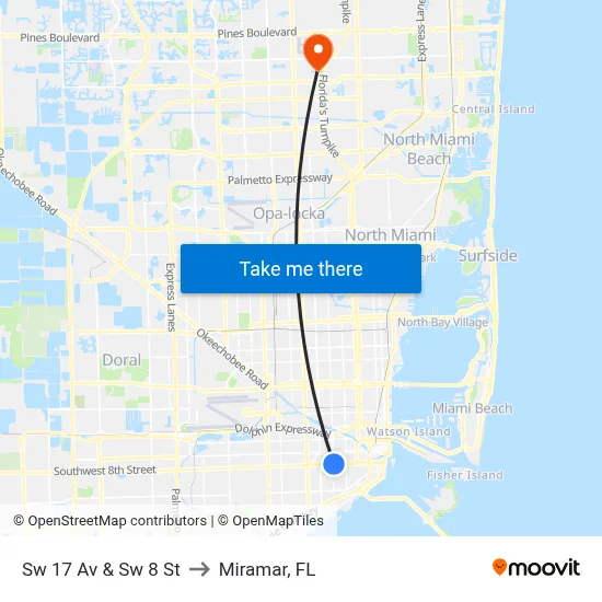Sw 17 Av & Sw 8 St to Miramar, FL map