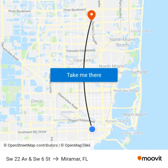 Sw 22 Av & Sw 6 St to Miramar, FL map