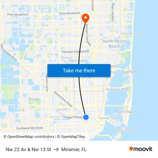 Nw 22 Av & Nw 13 St to Miramar, FL map