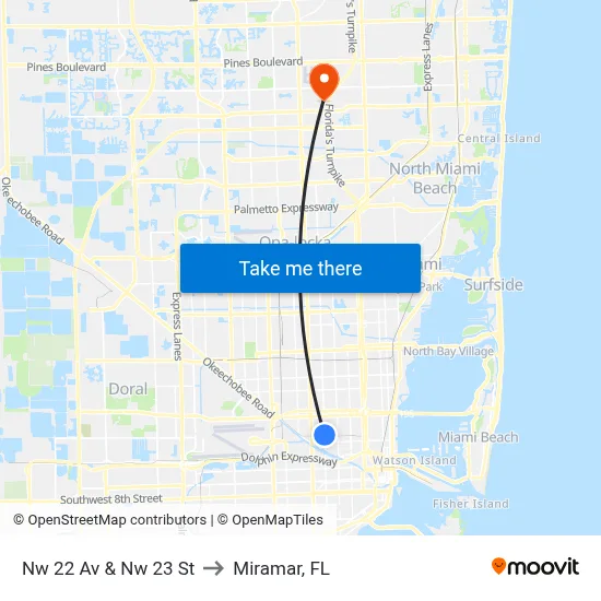Nw 22 Av & Nw 23 St to Miramar, FL map