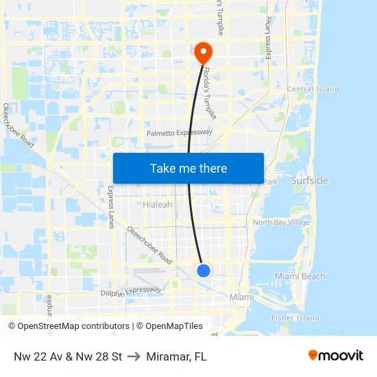 Nw 22 Av & Nw 28 St to Miramar, FL map
