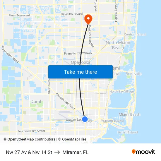 Nw 27 Av & Nw 14 St to Miramar, FL map