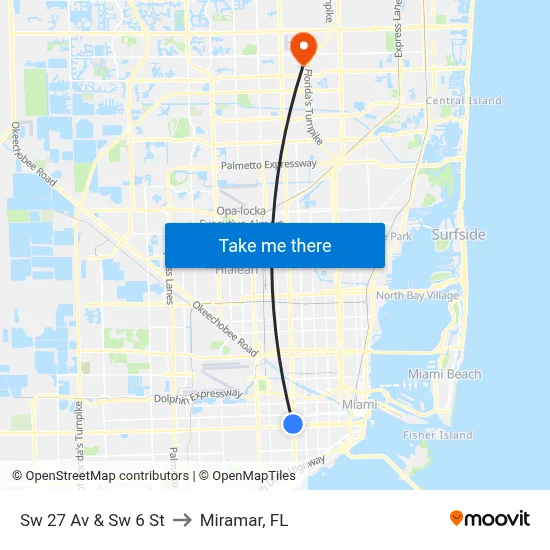 Sw 27 Av & Sw 6 St to Miramar, FL map