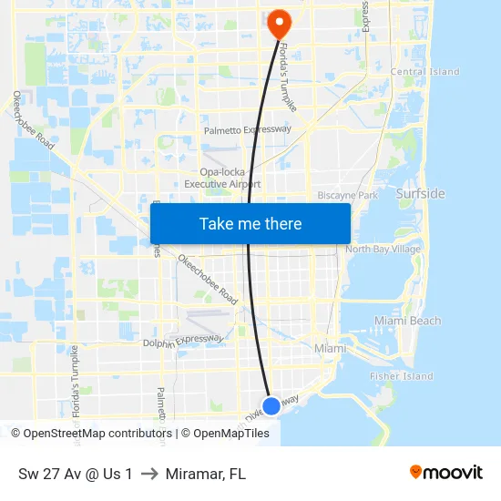 Sw 27 Av @ Us 1 to Miramar, FL map