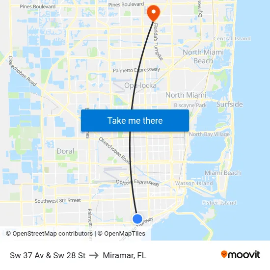 Sw 37 Av & Sw 28 St to Miramar, FL map
