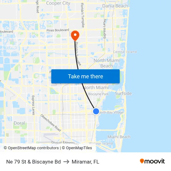 Ne 79 St & Biscayne Bd to Miramar, FL map