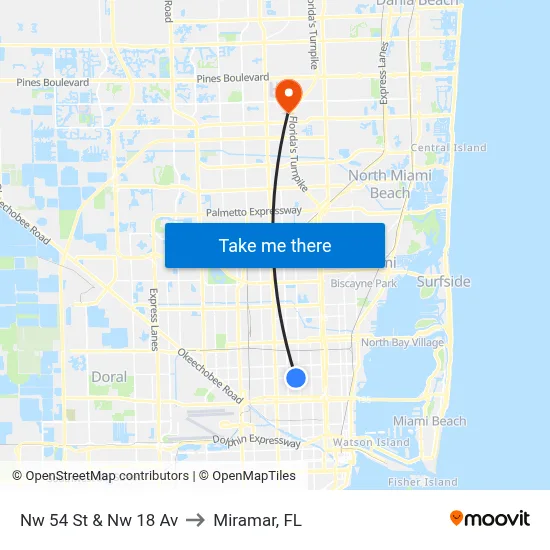 Nw 54 St & Nw 18 Av to Miramar, FL map
