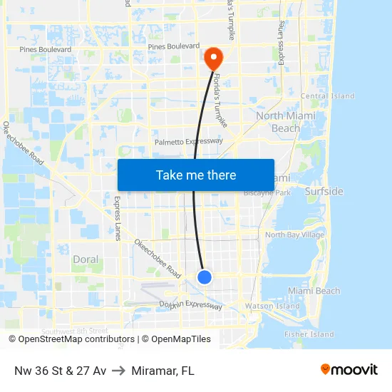 Nw 36 St & 27 Av to Miramar, FL map