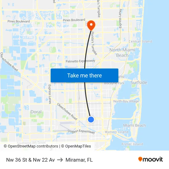Nw 36 St & Nw 22 Av to Miramar, FL map