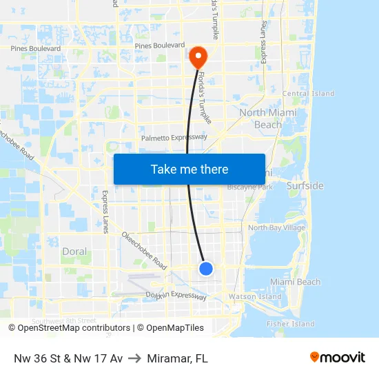 Nw 36 St & Nw 17 Av to Miramar, FL map