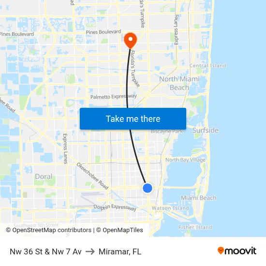Nw 36 St & Nw 7 Av to Miramar, FL map