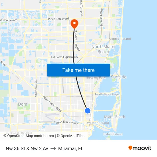 Nw 36 St & Nw 2 Av to Miramar, FL map