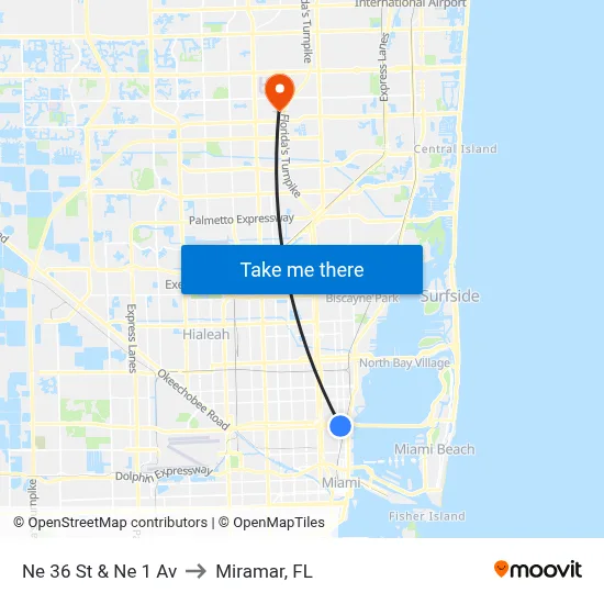 Ne 36 St & Ne 1 Av to Miramar, FL map
