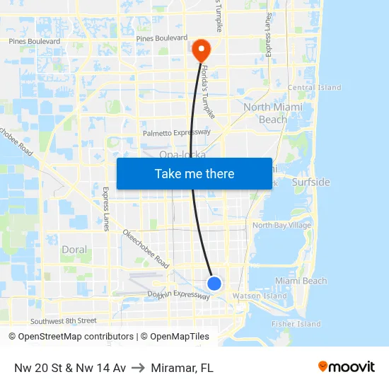 Nw 20 St & Nw 14 Av to Miramar, FL map