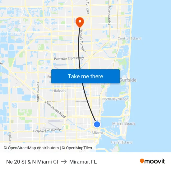 Ne 20 St & N Miami Ct to Miramar, FL map
