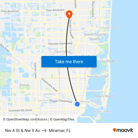 Nw 4 St & Nw 9 Av to Miramar, FL map