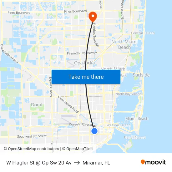 W Flagler St @ Op Sw 20 Av to Miramar, FL map