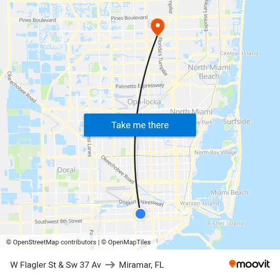W Flagler St & Sw 37 Av to Miramar, FL map