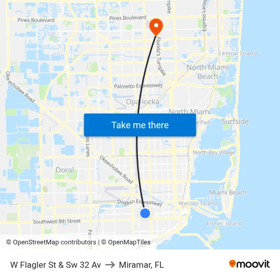 W Flagler St & Sw 32 Av to Miramar, FL map