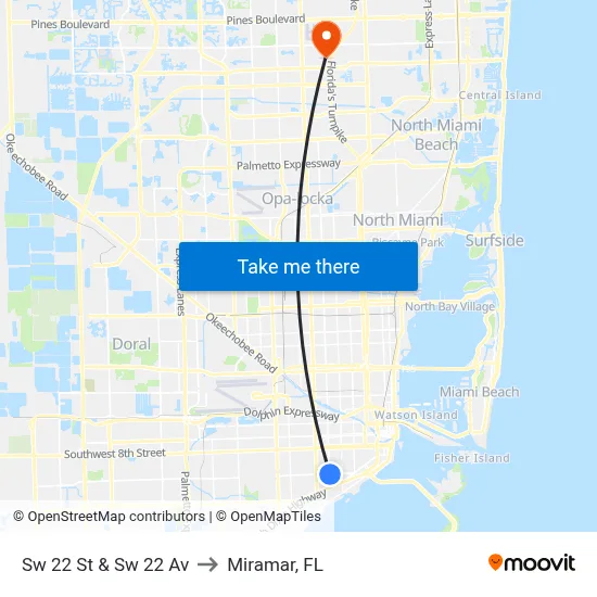 Sw 22 St & Sw 22 Av to Miramar, FL map