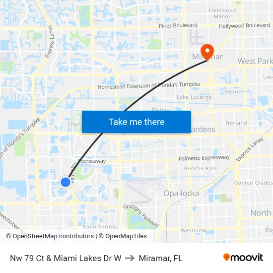Nw 79 Ct & Miami Lakes Dr W to Miramar, FL map