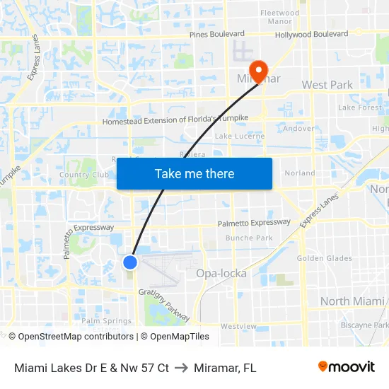 Miami Lakes Dr E & Nw 57 Ct to Miramar, FL map