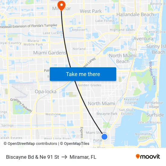 Biscayne Bd & Ne 91 St to Miramar, FL map