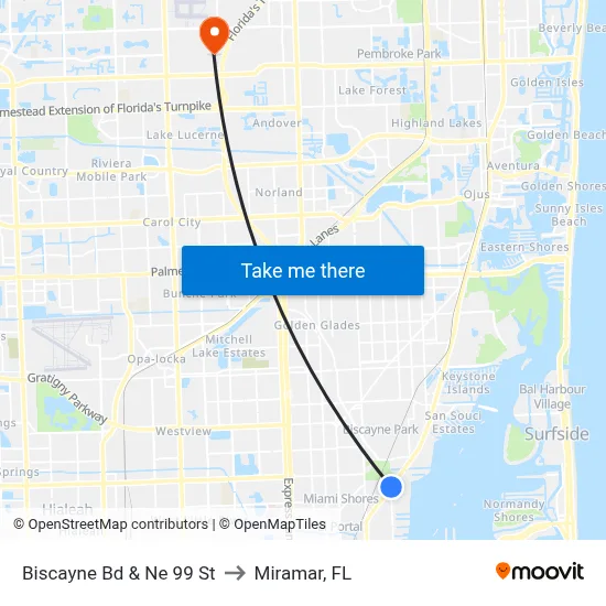 Biscayne Bd & Ne 99 St to Miramar, FL map