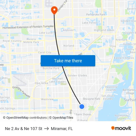 Ne 2 Av & Ne 107 St to Miramar, FL map