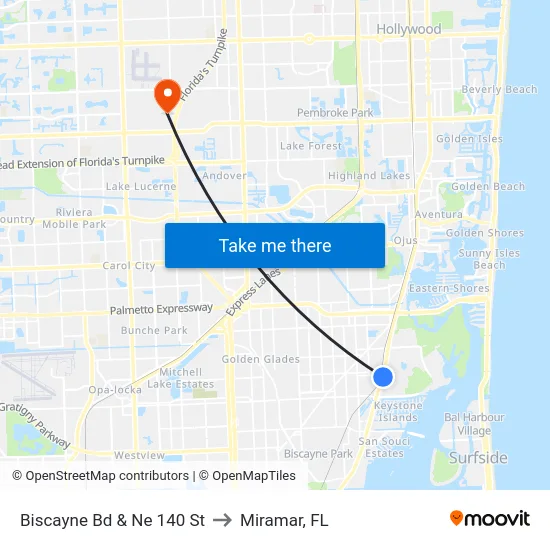 Biscayne Bd & Ne 140 St to Miramar, FL map