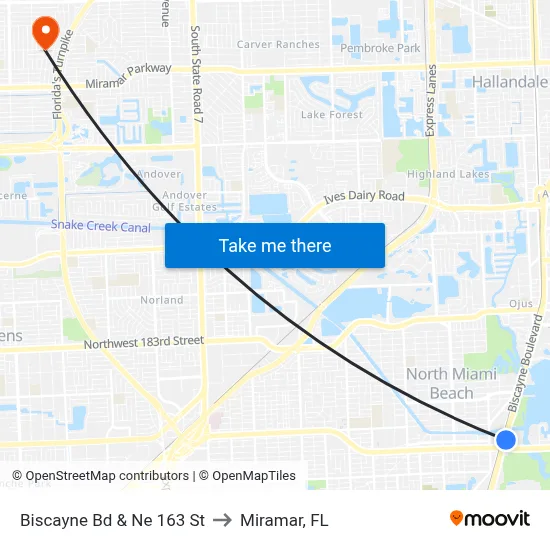 Biscayne Bd & Ne 163 St to Miramar, FL map