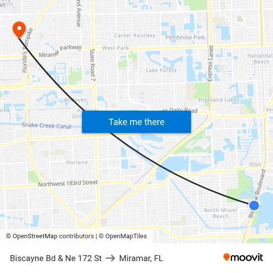 Biscayne Bd & Ne 172 St to Miramar, FL map