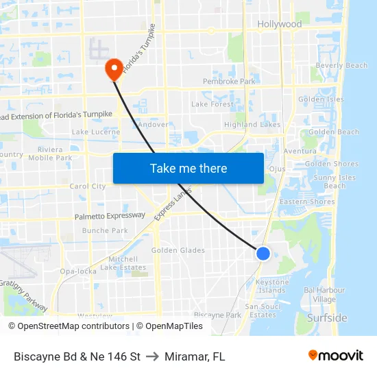 Biscayne Bd & Ne 146 St to Miramar, FL map