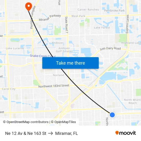 Ne 12 Av & Ne 163 St to Miramar, FL map