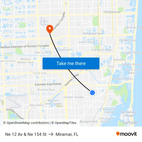 Ne 12 Av & Ne 154 St to Miramar, FL map