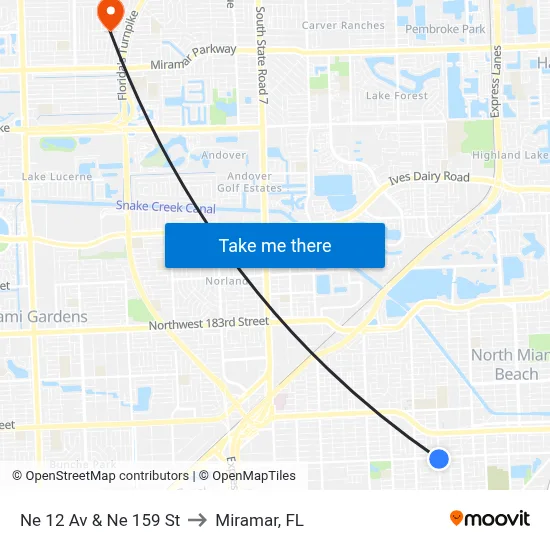 Ne 12 Av & Ne 159 St to Miramar, FL map