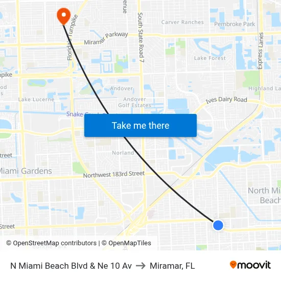 N Miami Beach Blvd & Ne 10 Av to Miramar, FL map